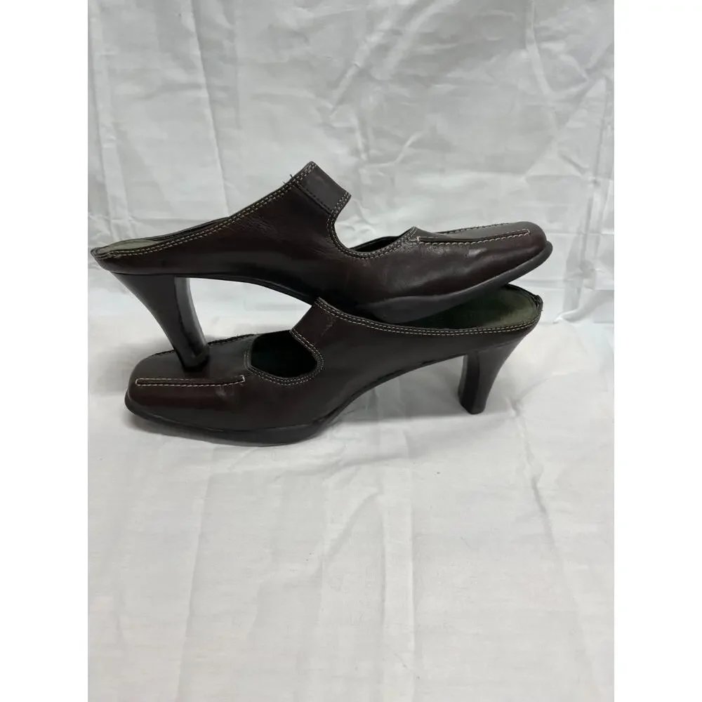 Aerosoles Women's Brown Leather Mules Sugar Snap Shoes Size 7.5 Block Heel